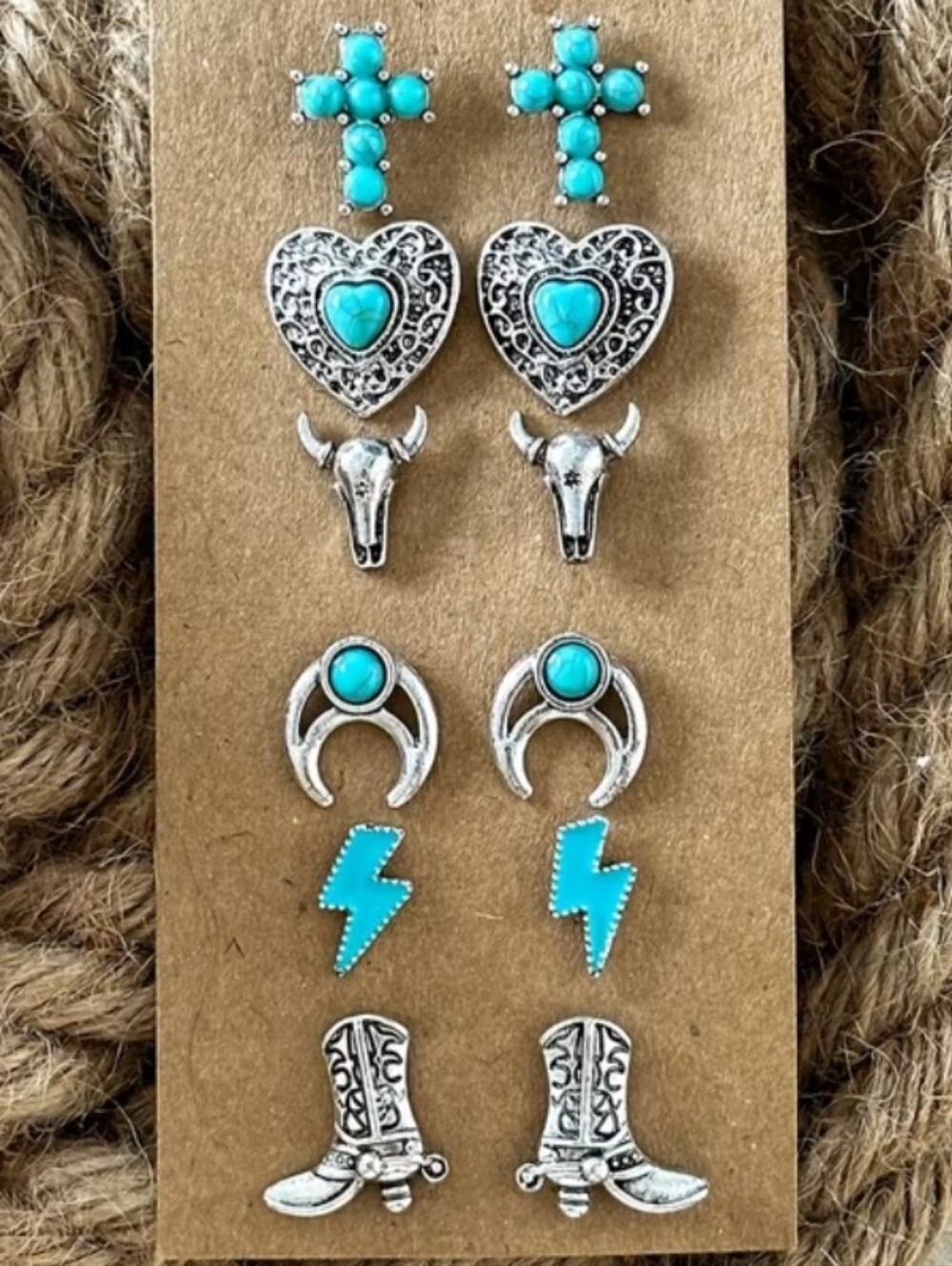 NWT Western Turquoise Silver Plate Stud Earring Set - 6 Pairs Boho Cowgirl Mix